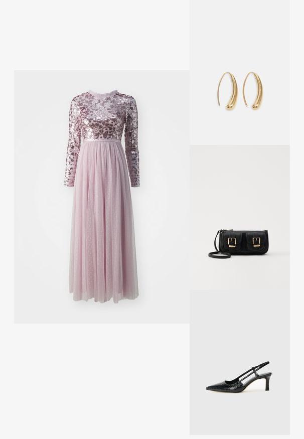 Needle & Thread TEMPEST BODICE ANKLE GOWN - Abiti per occasioni speciali - mauve; Slingback con tacco in vernice nera con punta affusolata, caratterizzato da una stampa a serpente testurizzata, cinturino regolabile e un tacco corto e testurizzato.; Borsa a tracolla nera in pelle con due tasche frontali, fibbie dorate, chiusura con zip e una tracolla sottile. Superficie texturizzata e forma rettangolare compatta.; Orecchini a cerchio in metallo color oro con forma curva ed allungata. Presentano una superficie liscia e lucida e una punta arrotondata per un tocco di dettaglio in più.