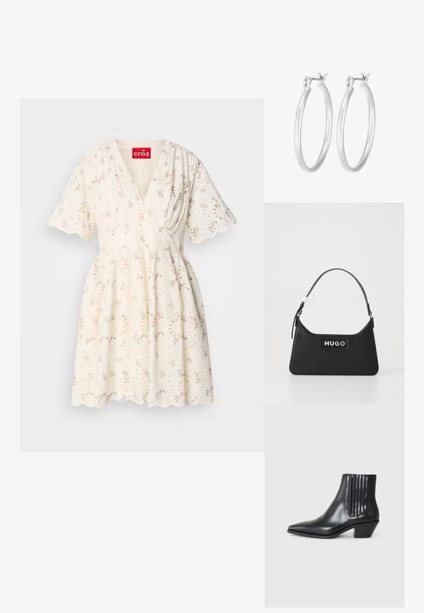 Biele šaty s kvetinovým vzorom v ružovej a zelenej farbe, s výstrihom do V, krátkymi rukávmi a vlnitým lemom. Detail textúry látky s očkami.; Čierna kožená členková topánka s špicatou špičkou, elastickými bočnými panelmi s vertikálnymi drážkami a nízkym blokovým podpätkom. Hladká textura a elegantný dizajn.; Čierna kožená kabelka s zahnutým dizajnom, striebornými doplnkami a výrazným logom "HUGO" na prednej strane. Hladká textúra a štruktúrovaný tvar.; Strieborné kruhové náušnice s hladkým, lesklým povrchom. Kolový tvar a bezpečné klikanie na uzatváranie. Ľahký dizajn vhodný na každodenné nosenie.
