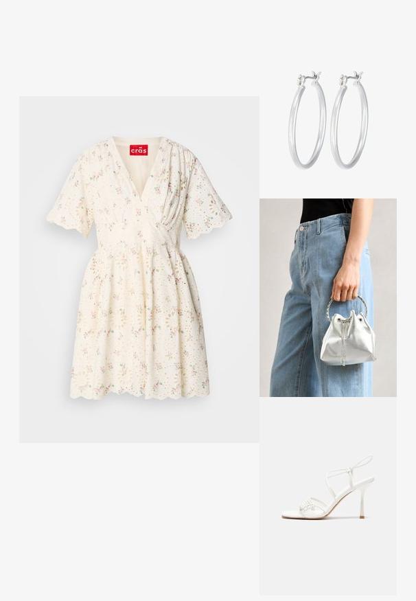 Bílé šaty s květinovým vzorem v růžové a zelené barvě, s výstřihem ve tvaru V, krátkými rukávy a vlnkovaným lemem. Detail textury látky s průstřihy.; Bílé sandály na vysokém podpatku s tenkým páskem kolem kotníku, plochou špičkou, texturovaným předním dílem s nařasenými detaily.; Metalická stříbrná kabelka typu bucket s texturovaným povrchem, zdobená stříbrným kulatým úchytem a stahovací šňůrkou, držena proti světlým modrým džínům.; Stříbrné kruhové náušnice s hladkým, lesklým povrchem. Kulatý tvar a bezpečné zapínání na klip. Lehký design vhodný pro každodenní nošení.