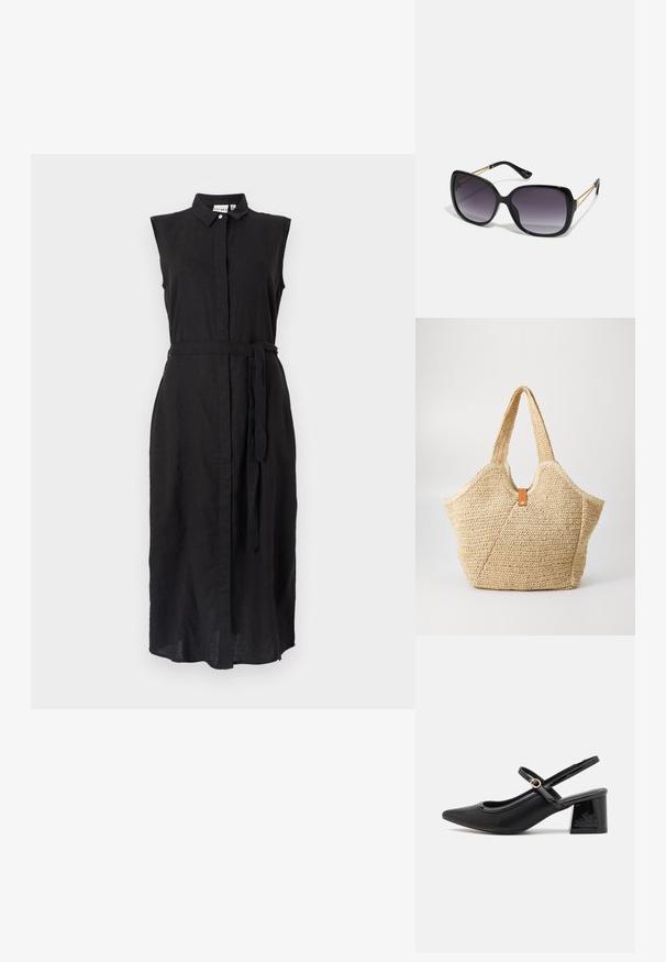 Μαύρο λινό φόρεμα με κολάρο, χωρίς μανίκια και ζωνάκι που δένει στη μέση. Διαθέτει μπροστινή κουμπότρυπα και ίσια γραμμή.; Μαύρα παπούτσια γοβάκια από πατενταρισμένο δέρμα με γωνιαστό μπροστινό μέρος, στρογγυλή κοπή και τετράγωνο τακούνι. Διαθέτουν μια χρυσή αγκράφα ως διακοσμητικό στοιχείο.; Μαύρα υπερμεγέθη γυαλιά ηλίου με κλειστή βαθμίδα φακού, παχιά σκελέτη και λεπτομέρειες από χρυσή αλυσίδα στις βραχίονες του σκελετού.; Μεγάλη ψάθινη τσάντα tote με υφή, σε μπεζ απόχρωση και δύο φαρδιές λαβές. Διαθέτει δερμάτινη ζώνη για κλείσιμο.