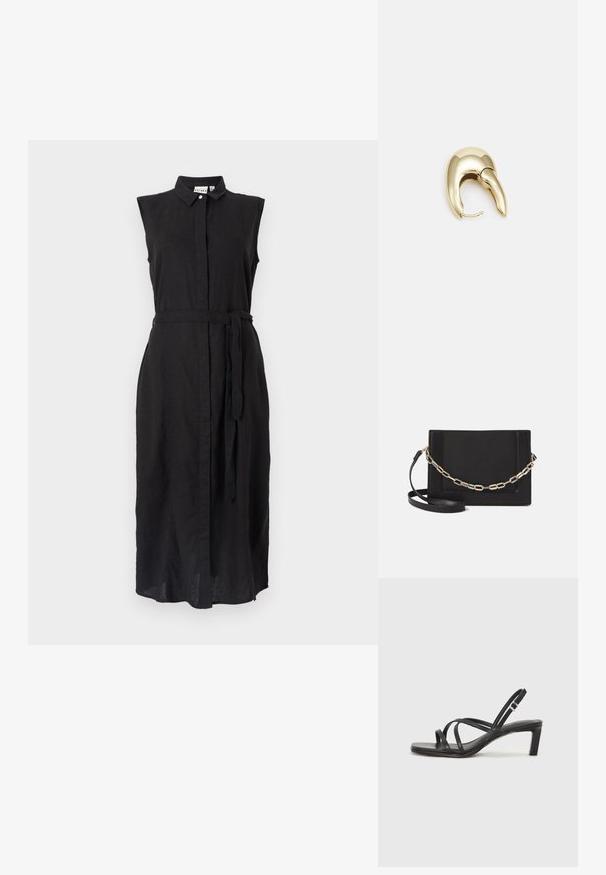 Rochie din in negru cu guler, fără mâneci, și o curea legată la talie. Are închidere cu nasturi în față și croi drept.; Sandal cu barete negre, cu vârf pătrat și toc mic de bloc. Prezintă mai multe barete subțiri și o bareta ajustabilă la gleznă. Fabricat din piele netedă.; Geantă de umăr din piele neagră, cu o textură netedă, formă rectangulară și un detaliu din lanț metalic în față. Include curea reglabilă.; Cercei din metal de culoare aurie cu un design elegant și curbat. Prezintă o formă distinctivă, ascuțită, o suprafață lustruită și un sistem de închidere cu balama.
