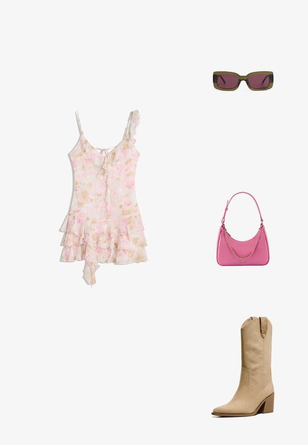 Hellrosa Blumenmuster-Kleid mit Rüschenschichten, asymmetrischem Saum, dünnen Trägern und einer kleinen Rückenbindedetail.; Bershka HIGH-HEEL - Cowboy-/Bikerboot - beige; Olivgrüne Sonnenbrille mit rechteckigen Rahmen und dunkelrosa Gläsern. Schlanke schwarze Bügel erstrecken sich vom Rahmen und haben eine glänzende Oberfläche.; Rosa synthetische Schultertasche mit geschwungener Form, glatter Textur, abnehmbarem Kettenriemen und einem runden Logodetail auf der Vorderseite.