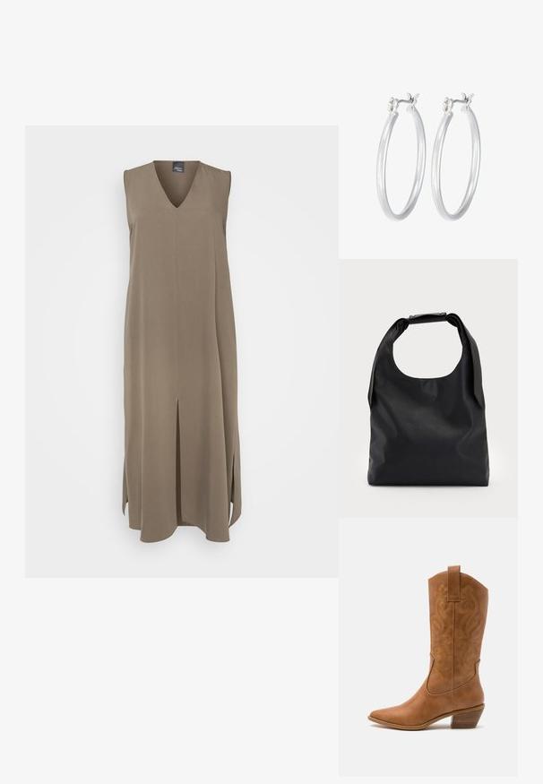 Brezrokavni olivno zeleni plašč iz mehkega materiala, s poudarjeno V-izrezom, stranskimi razpoki in ravno krojem, primeren za plastenje.; Rjavi usnjeni kauboj čevlji s koničastim nosom, vezenimi vijugastimi vzorci na zgornjem delu in zloženim kvadratnim peto. Imajo zanko za enostavno obuvanje.; Črna usnjena torbica z veliko odprto zgornjo stranjo in enim ramenskim trakom. Mehka tekstura, minimalističen dizajn, vsebuje subtilne kovinske poudarke.; Srebrni obroči za ušesa z gladko, polirano površino. Okrogla oblika in varna zaponka s klikom. Lahka zasnova, primerna za vsakodnevno nošenje.