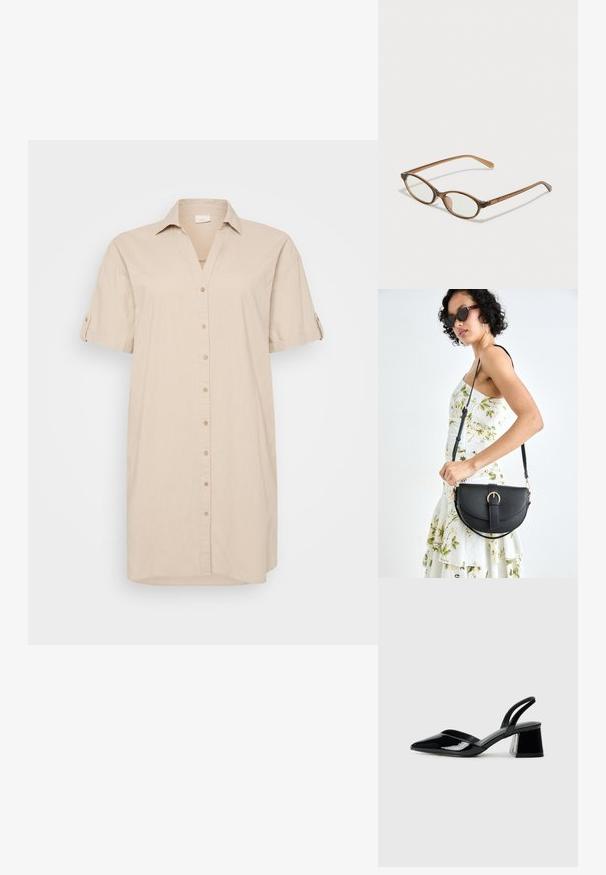Vestido camisa bege com botões e mangas curtas, feito de tecido leve. Apresenta um colarinho e um corte reto com uma barra ligeiramente arredondada.; Sandy em verniz preto com salto slingback, ponta afilada e salto geométrico. Apresenta um design elegante e minimalista com textura suave.; Óculos tortoiseshell castanhos com lentes ovais, hastes finas e acabamentos transparentes. Apresenta um logótipo subtil na têmpora. Design elegante e leve.; Bolsa de couro preta com forma curva, alça destacável e detalhes em dourado. A bolsa possui uma aba com detalhe de fivela.