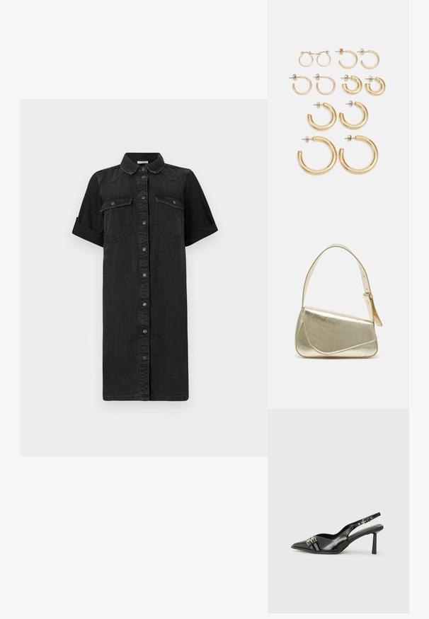 Vestido-em-camisa de ganga preta com mangas curtas arregaçadas, frente com botões, dois bolsos no peito e silhueta reta. Textura suave.; Sapato slingback preto em pele patentada com bico apontado, tiras no tornozelo apresentando fivelas e acessórios prateados, e um salto elegante.; Bolsa de mão metálica dourada com um design estruturado, textura suave e alça ajustável. Apresenta uma forma triangular única e costura minimalista.; Conjunto de brincos de argola em ouro com vários tamanhos e designs, incluindo estilos pequenos, médios e grandes, com acabamentos metálicos lisos.