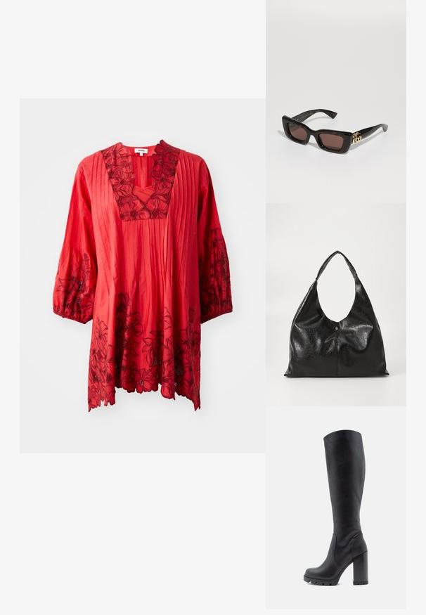 Punainen tunika, jossa on kukkakirjonta ja pleatattu rakenne. Siinä on V-pääntie, 3/4-puffihihat ja kukkakoristeiset pitsiyksityiskohdat helman reunassa.; Mustat polvipituiset saappaat, sileää nahkaa, paksu korko, pyöreä kärki, kuvioitu pohja, jossa on pito, tyylikäs muotoilu ilman koristeluja.; Mustat kilpikonnaruudulliset aurinkolasit, joissa on suorakulmaiset linssit, ruskea sävy, paksu kehys ja kultainen tupla-G-logo yksityiskohta templeissä.; Mustapohjainen nahkalaukku, jossa on sileä ja kiiltävä pinta, leveä ja kaareva kantokahva sekä hillitty etupuolen poimutus metallinapituksella.; Kultaiset renkaat korvakorut, joissa on kilpikonnakuosiset hartsireunat, sileä pinta ja tyylikäs, pyöreä muoto.