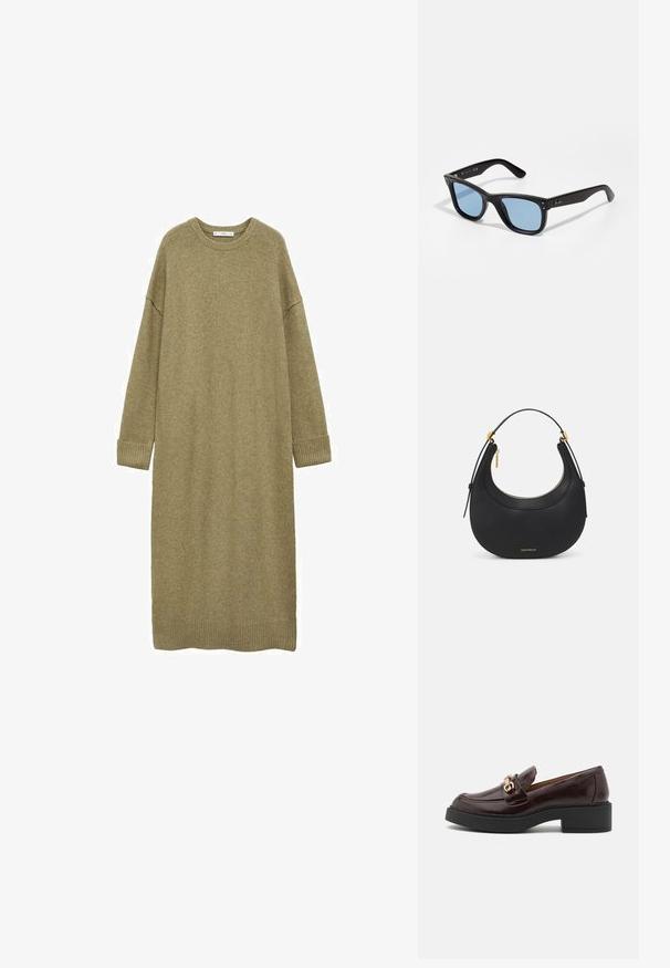 Abito in maglia di lunghezza ginocchio in verde oliva con una vestibilità ampia, collo rotondo e maniche lunghe. Presenta polsini e orlo a coste. Texture morbida.; Mocassino in pelle marrone con una fibbia dorata, tacco a blocco nero e una texture liscia. La vista laterale mostra la punta arrotondata e i dettagli di cucitura.; Occhiali da sole in plastica nera con lenti blu, forma quadrata, stanghette solide e due dettagli metallici sulla parte anteriore vicino alle lenti.; Borsa a mano in pelle nera con forma arrotondata, superficie texture, dettagli in metallo dorato e chiusura a zip. Logo visibile nella parte inferiore.