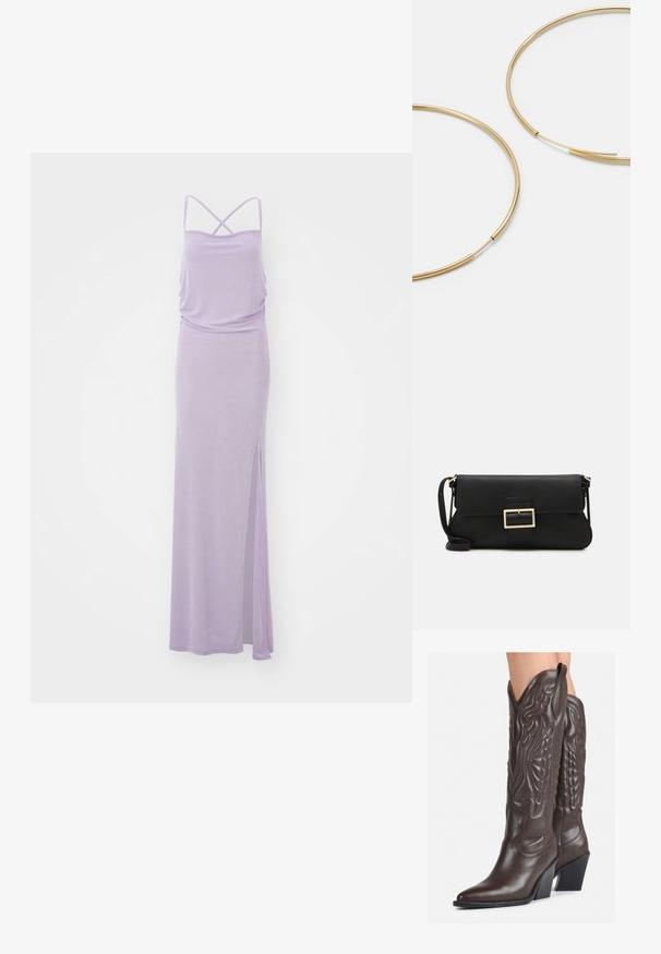 Pikk lavendlivärvi kleit, millel on õhukesed rihmad, lahtine lõige, kokku volditud rinnus ja külgslits. Sile tekstuur, minimalistlik disain ja ühtlane värv.; Pruunid nahast cowboy saapad terava varbaga ja plokk-kandaga, millel on detailne tikand ja kergelt tõstetud aktsendid varrel.; Must haben musta nahkklahviga kott, millel on klapp ja kuldne metallist pandla detail. Kaasas must rihm ja stiilne, minimalistlik disain.; Kulla värvi nõelad, õhukesed ja ümmargused, millel on sile metallist pind ja ilma kaunistuste või mustriteta.