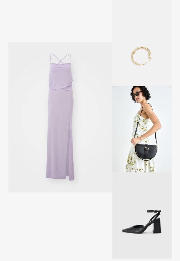 Ilgas lavandų spalvos suknelė su špagatine juosta, laisvas siluetas, raukšlėta liemenė ir šoninis įpjovimas. Lygus paviršius, minimalistinis dizainas ir vientisa spalva.; Juoda odinė smailiagalė aukštakulnio bateliai su kulkšnies dirželiu ir storu kulnu. Lygus paviršius, elegantiškas dizainas ir minimalistiška estetinė. ; Juodas odinis krepšys su išlenkta forma, nuimamu dirželiu ir auksiniais detalėmis. Krepšys turi kilpą su sagtimi.; Auksinės spalvos žiedas, turintis organišką, sukimosi dizainą su lygiu paviršiumi ir siaurėjančiais galais, sukuriantis modernią skulptūrinę išvaizdą.