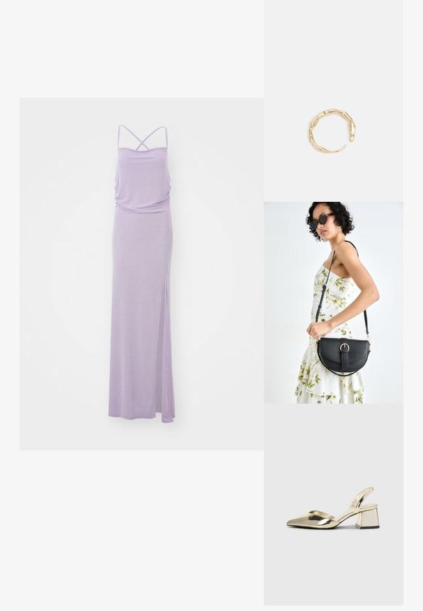 Pikk lavendlivärvi kleit, millel on õhukesed rihmad, lahtine lõige, kokku volditud rinnus ja külgslits. Sile tekstuur, minimalistlik disain ja ühtlane värv.; Kuldne, metallilised slingback-kudumid terava varba ja paksu kontsaga. Sile tekstuur, minimalistlik disain ja kitsas rihm.; Mustmust mustraha kõverate joontega, eemaldatava rihmaga ja kuldsete detailidega. Kotil on klapp, millel on pandladetail.; Kuldtoonis sõrmus, millel on orgaaniline, keerdunud disain sileda tekstuuri ja kitsenevate otstega, luues kaasaegse skulptuurilise välimuse.