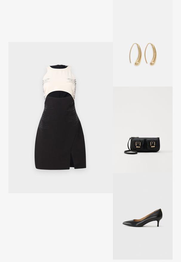 Juoda ir kreminė suknelė be rankovių dizainu, su išpjovomis, metaliniais akcentais ir bangų raštais, įspaustais į medžiagą.; Juodos odinės aukštakulnės bateliai su smailiu nosiu, žemu kulnu ir lygiu paviršiumi. Priekyje yra nedidelis atvirumas, o gale minimalus apdaila.; Juodas odinis per petį nešiojamas krepšys su dviem priekiniais kišenėmis, auksiniais sagtimis, užtrauktuko uždarymu ir siauromis petnešomis. Textūruota paviršius ir kompaktiškas stačiakampis formatas.; Auksinės metalinės auskarų kabės su lenktą, pailgą forma. Turi lygų, blizgantį paviršių ir užapvalintą galiuką papildomam akcentui.