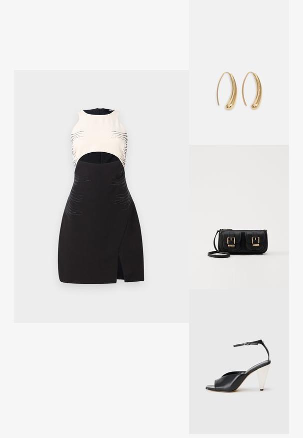 Rochie neagră și crem, cu un design fără mâneci, featuring decupaje, accente metalice și modele în valuri embossate pe material.; Sandal cu toc înalt din piele neagră, cu vârf deschis, design asimetric, curea pentru gleznă și toc metalic în formă de con. Textură netedă pe toată suprafața.; Geantă neagră din piele, tip crossbody, cu două buzunare frontale, catarame aurii, închidere cu fermoar și o curea subțire. Suprafață texturată și formă rectangulară compactă.; Cercei din metal auriu, cu un design curbat și alungit. Au o suprafață netedă și strălucitoare, cu un vârf rotunjit pentru un detaliu suplimentar.