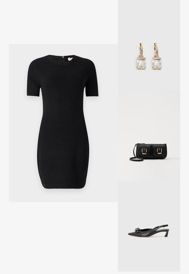Fekete kötött ruha bordázott textúrával, rövid ujjakra és kerek nyakra. Hátul cipzárral ellátott és testhezálló fazonú.; Fekete bőr szandál kis sarkú, hegyes orral, díszes csattal a felsőrészen. Simább textúra, minimalista design.; Fekete bőr keresztbody táska két elülső zsebbel, arany csattokkal, cipzáras záródással és vékony pánttal. Textúrált felület és kompakt téglalap alak.; Aranyszínű fülbevalók, melyek egy téglalap alakú, tiszta kristállyal díszítették, ami egy sor kis, kerek, tiszta kiegészítő alatt lóg. Letisztult, modern dizájn.