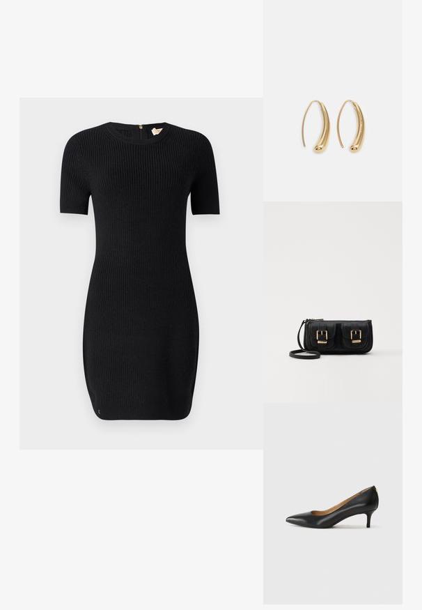 Juodas megztinis su raštu, trumpomis rankovėmis ir apvaliu iškirpimu. Savybė yra užtrauktukas nugarinėje dalyje ir prigludęs siluetas.; Juodos odinės aukštakulnės bateliai su smailiu nosiu, žemu kulnu ir lygiu paviršiumi. Priekyje yra nedidelis atvirumas, o gale minimalus apdaila.; Juodas odinis per petį nešiojamas krepšys su dviem priekiniais kišenėmis, auksiniais sagtimis, užtrauktuko uždarymu ir siauromis petnešomis. Textūruota paviršius ir kompaktiškas stačiakampis formatas.; Auksinės metalinės auskarų kabės su lenktą, pailgą forma. Turi lygų, blizgantį paviršių ir užapvalintą galiuką papildomam akcentui.