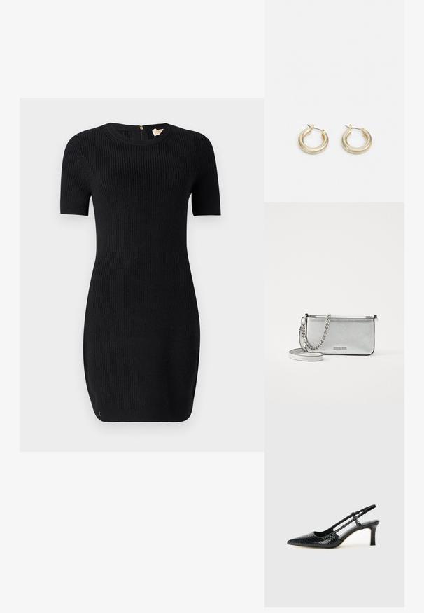 Crna pletena haljina s rebrastom teksturom, kratkim rukavima i okruglim izrezom. Ima zatvarač na leđima i prilagođen oblik.; Crne lakirane slingback pete s oštrim vrhom, s teksturiranim uzorkom zmijske kože, podesivom remenom i kratkom, teksturiranom blok-petom.; Srebrna kožna torba preko tijela s teksturiranom završnom obradom, detaljima od lanca i trake, te zatvaranjem na zip. Ima logo na prednjoj strani.; Lauren Ralph Lauren BASIC SMALL HOOP - Naušnice - gold-coloured