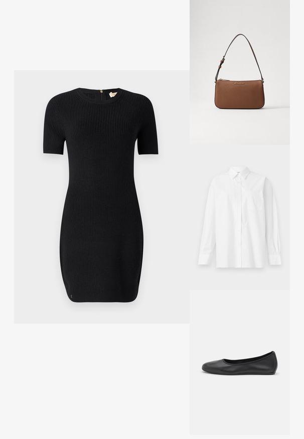 Must mustriga kleit ribakorraga, lühikeste varrukatega ja ümmarguse kaelusega. Omab seljaka zippri ja kehaõpet liiki.; Valge pika varrukaga särk, mis on valmistatud puuvillast, klassikalise krae, nööbiga kinnituse ja vasakul küljel oleva ühe rinnataskuga.; Musthave mustika tantsutossud mustast nahast, ümmarguse varbaga, siledast tekstuurist, minimaalse õmblusdetailiga ja paindliku tallakujundusega.; Pruun nahkne õlakott sujuva tekstuuriga, lukuga sulgemine ja reguleeritav rihm. Esipaneelil on kuldne logo.