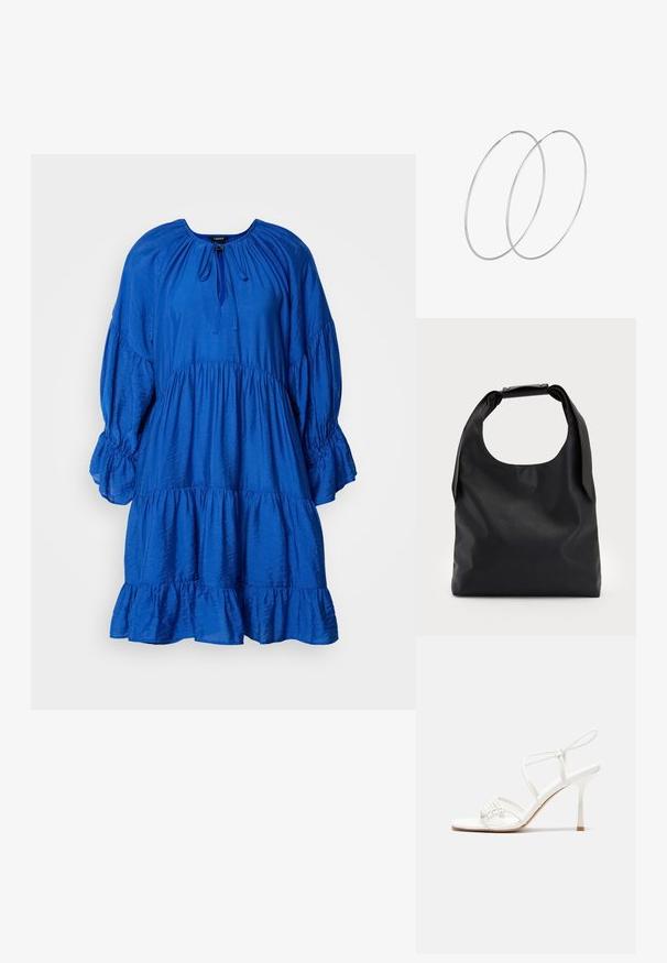 Blue, tiered dress with a round neckline, puff sleeves, and a gathered waist. Made of textured fabric with a soft sheen.; White strappy high-heeled sandal with a flat toe base, textured front with gathered accents, and a slim ankle strap.; Black leather hobo bag with a single, soft, rounded handle; features a smooth texture and a minimalist design. No visible hardware or accents.; Silver hoop earrings with a minimalist design. Circular shape, smooth texture, and thin profile. Lightweight with a polished finish.