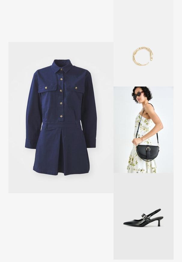 Vestido camisero azul marino de algodón con mangas largas, cierre de botones en el frente, dos bolsillos en el pecho y detalle de falda plisada.; Zapatos de tacón en charol negro con tira al tobillo, punta afilada y un pequeño tacón bloque, que cuentan con un acento de hebilla plateada en la correa.; Bolso de piel negra con forma curva, correa desmontable y herrajes dorados. El bolso cuenta con una solapa con un detalle de hebilla.; Anillo en tono dorado con un diseño orgánico y retorcido, con una textura suave y extremos cónicos, creando una apariencia moderna y escultórica.