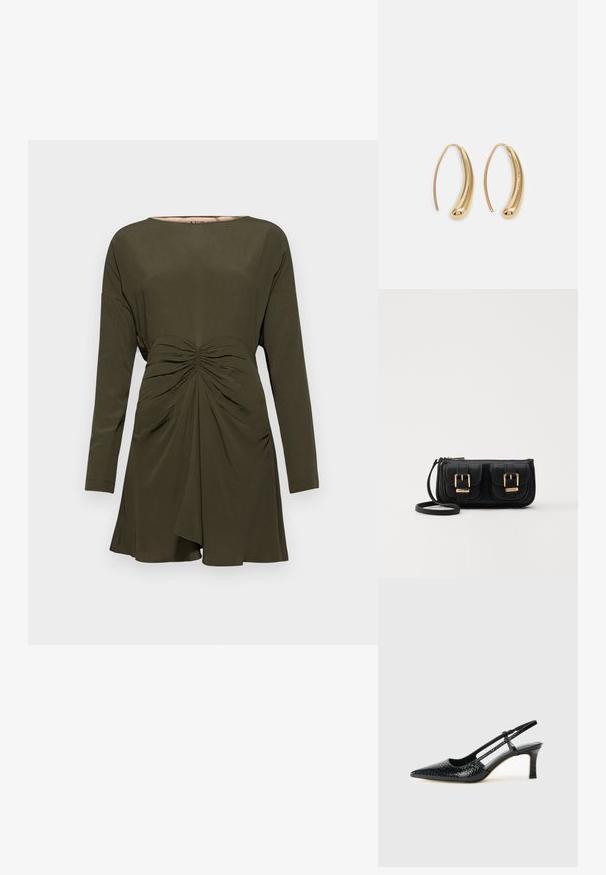 Oliwkowa sukienka z długimi rękawami, z okrągłym dekoltem i marszczeniem w talii. Wykonana z gładkiego, lekkiego materiału.; Czarne lakierowane czółenka na obcasie typu slingback z wąskim noskiem, z teksturowanym wzorem wężowym, regulowanym paskiem oraz krótkim, teksturowanym obcasem w kształcie słupka.; Czarna skórzana torba na ramię z dwoma przednimi kieszeniami, złotymi klamrami, zamkiem błyskawicznym i cienkim paskiem. Teksturowana powierzchnia i kompaktowy prostokątny kształt.; Złote metalowe kolczyki w kształcie obręczy o zakrzywionym, wydłużonym kształcie. Posiadają gładką, błyszczącą powierzchnię oraz zaokrąglony koniec dla dodatkowego efektu.