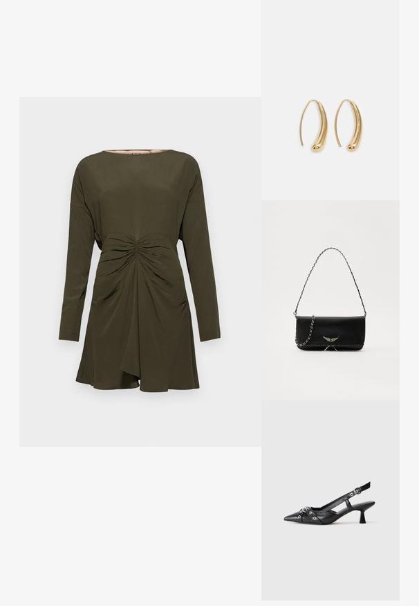 Olive zaļa kleita ar garām piedurknēm, ar apaļu dekoltē un savilktām detaļām jostas vietā. Izgatavota no gluda, viegla auduma.; Melnas ādas šlipsveida kurpes ar norādītu purngalu, dekoratīvām joslām ar metāla acīm un zemu bloku papēdi. Teksturēta virsma.; Melnas ādas rokassomā ar sudraba ķēdes siksnu, kurai ir dekoratīvi spārnu akcenti un baltā šuvēšana apakšējā šuvē.; Zelta toņu metāla gredzena auskari ar izliektu, pagarinātu formu. Ar gludu, spīdīgu virsma un noapaļotu galu papildu detaļām.