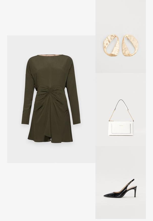 Aliejinės žalios spalvos suknelė su ilgomis rankovėmis, turinti apvalų iškirpimą ir susiraukšlėjimą juosmenyje. Pagaminta iš lygaus, lengvo audinio.; Juodas lakinės odos slingback batelis su smailiu nosiu, plonu kulnu ir subtiliu išpjovos dizainu. Yra auksinė sagtis ant dirželio.; Balta odinė rankinė su tekstūruotu paviršiumi, turinti auksinį grandinėlės dirželį ir juodas detales. Įskaičiuota priekinė kišenė ir užtrauktuko uždarymas.; Nedidelis nereguliarus ovalo formos aukso tono metalinių auskarų pora su tekstūruota, šiek tiek kalta paviršiumi ant balto fono.