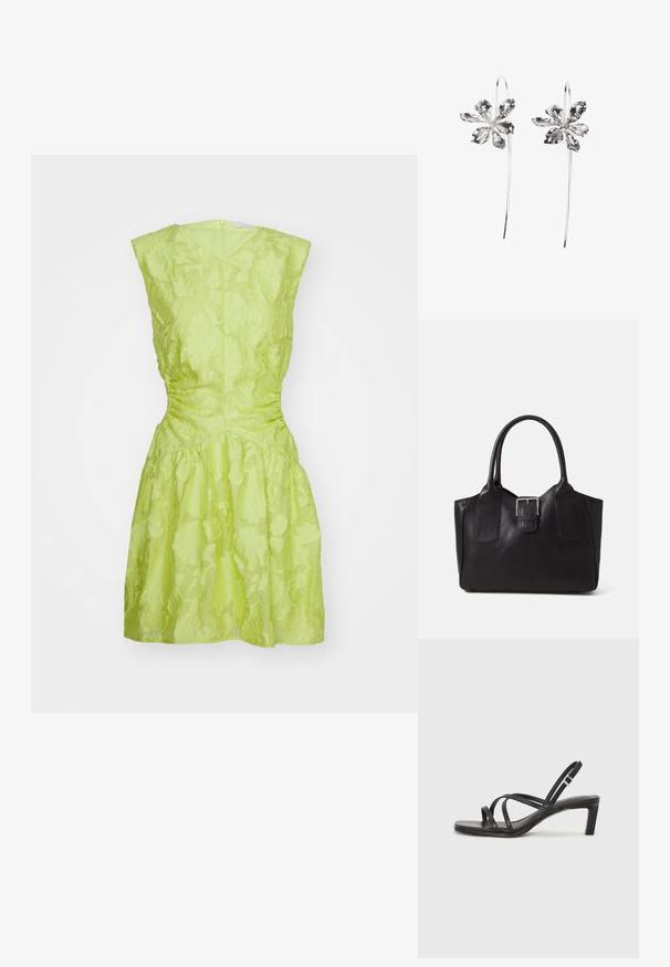 Lime green dress in lightweight, textured fabric with floral pattern; fitted bodice, flared skirt, and a back zipper closure.; Black strappy sandal with a square toe and a low block heel. Features multiple thin straps and an adjustable ankle strap. Made of smooth leather.; Black leather tote bag with smooth texture, structured shape, two handles, and a prominent silver buckle detail on the front.; Silver flower-shaped earrings with a textured finish, featuring long hooks and petal-like details for an intricate design.