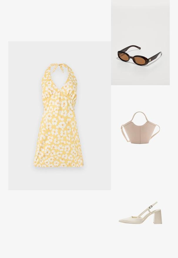 Rochie halter florală de culoare galbenă, cu flori albe și portocalii. Prezintă un decolteu în V, un corset ajustat și o fustă evazată. Textură netedă.; Pantofi slingback bej cu vârf ascuțit, finisaj lucios din patent, toc mediu bloc și curea ajustabilă. Design minimalist cu laturi deschise.; Ochelari de soare tortoiseshell maroniu cu lentile ovale, având un cadru subțire și un mic accent metalic pe lateral. Finisaj texturat și lustruit.; Geantă de mână bej din piele cu o formă unică, dotată cu două mânere scurte și o curea lungă ajustabilă. Textură netedă, cu hardware minim.