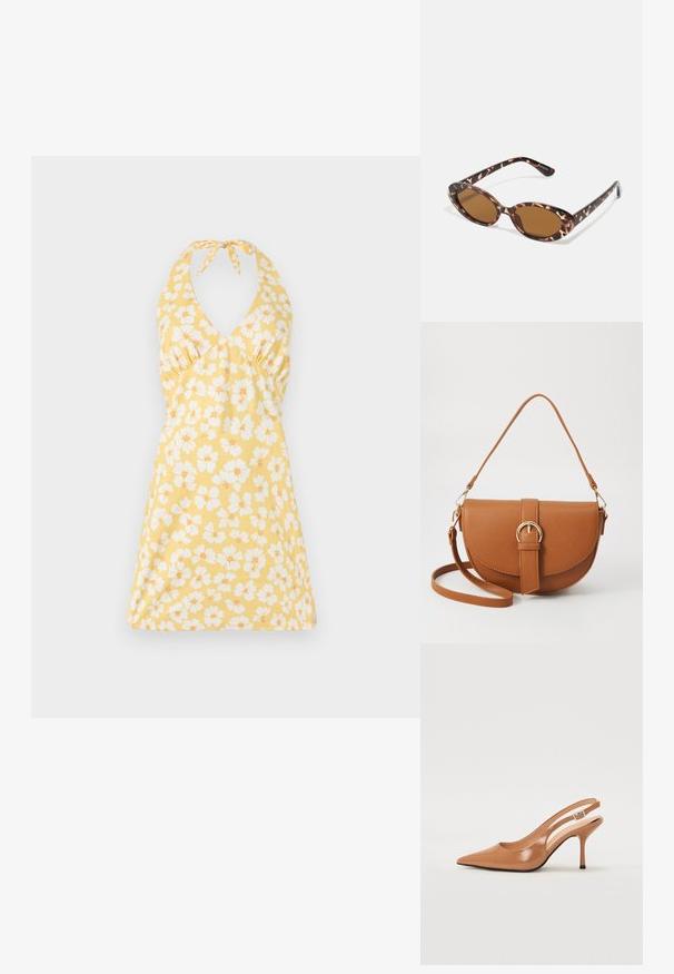 Blumenkleid mit Halterneck in Gelb, dekoriert mit weißen und orangen Blumen. Es hat einen V-Ausschnitt, einen taillierten Oberteil und einen ausgestellt Rock. Geschmeidige Textur.; Spitz zulaufender Slingback-Absatz aus einem glatten, glänzenden, tanfarbenen Material. Mit einem geschwungenen Ausschnitt-Design und einem schlanken Stiletto-Absatz. Silberne Schnallendetails.; Sonnenbrille aus Schildpatt mit ovalen Gläsern, braun getönt, dünnen Bügeln mit strukturiertem Muster, leichtem Kunststoffrahmen.; Braune Leder-Crossbody-Tasche mit geschwungener Form, goldfarbenen Beschlägen und einer Schnallenakzentuierung. Verfügt über einen abnehmbaren Schultergurt.