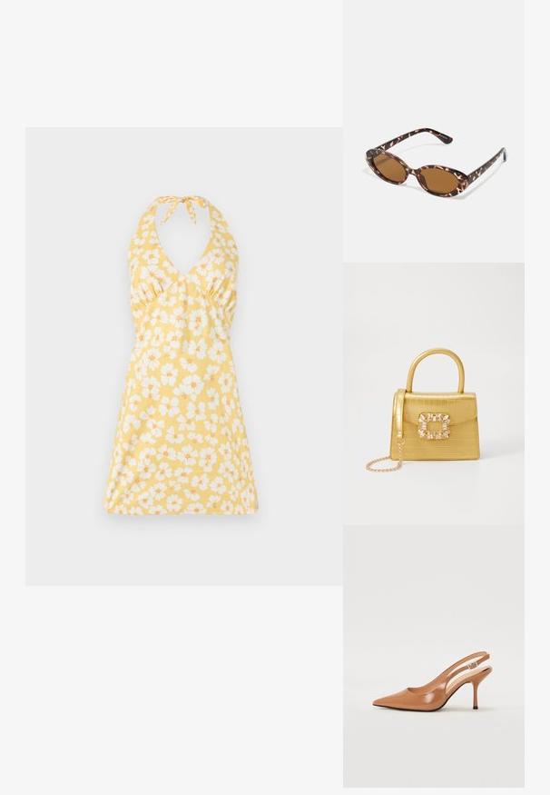 Blumenkleid mit Halterneck in Gelb, dekoriert mit weißen und orangen Blumen. Es hat einen V-Ausschnitt, einen taillierten Oberteil und einen ausgestellt Rock. Geschmeidige Textur.; Spitz zulaufender Slingback-Absatz aus einem glatten, glänzenden, tanfarbenen Material. Mit einem geschwungenen Ausschnitt-Design und einem schlanken Stiletto-Absatz. Silberne Schnallendetails.; Sonnenbrille aus Schildpatt mit ovalen Gläsern, braun getönt, dünnen Bügeln mit strukturiertem Muster, leichtem Kunststoffrahmen.; Gelbe Kunstleder-Handtasche im Krokodil-Look mit strukturiertem Design, Obergriff, abnehmbarem Kettenriemen und dekorativer Kristallverzierung am Verschluss.