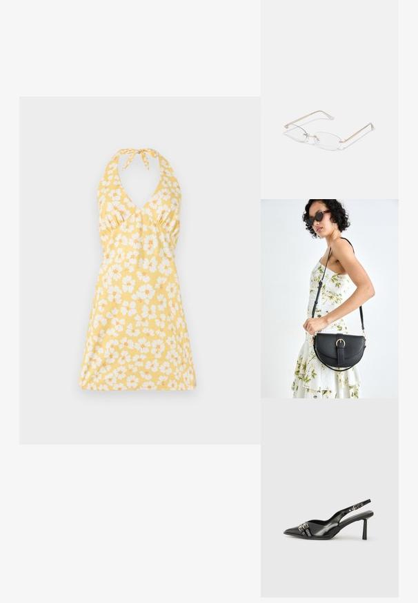 Vestido floral de tirantes en amarillo con flores blancas y naranjas. Presenta un escote en V, un corsé ajustado y una falda acampanada. Textura suave.; Zapato de charol negro tipo slingback con punta afilada, correas al tobillo con hebillas y herrajes de plata, y un tacón delgado.; Gafas de metal dorado con lentes ovalados, brazos delgados y almohadillas nasales transparentes. Presentan sutiles acentos en las bisagras y lentes transparentes.; Bolso de piel negra con forma curva, correa desmontable y herrajes dorados. El bolso cuenta con una solapa con un detalle de hebilla.