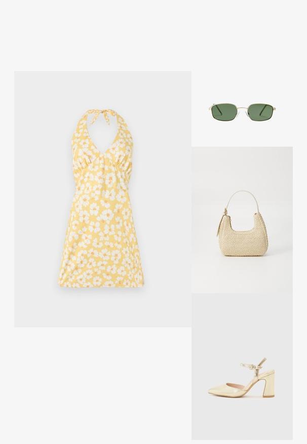 Blumenkleid mit Halterneck in Gelb, dekoriert mit weißen und orangen Blumen. Es hat einen V-Ausschnitt, einen taillierten Oberteil und einen ausgestellt Rock. Geschmeidige Textur.; Goldfarbene, metallic-überzogene, hochhackige Schuhe mit einer spitzen Zehenpartie, einem Knöchelriemen mit einem runden Verschluss und einem klobigen Absatzdesign. Glatte Textur.; Sonnenbrille mit einem goldenen Metallrahmen, grünen Gläsern, rechteckiger Form und klaren Kunststoff-Nasenpads. Dünne, schlanke Bügel mit minimalistischem Design.; Beige geflochtene Strohtasche mit geschwungener Form, einem kurzen Griff und einem seitlichen Reißverschluss. Verfügt über eine strukturierte Oberfläche und ein minimalistisches Design.