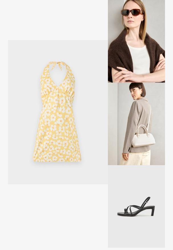 Robe halter florale jaune avec des fleurs blanches et oranges. Dotée d'un décolleté en V, d'un corsage ajusté et d'une jupe évasée. Texture lisse.; Sandale noire à lanières avec un bout carré et un petit talon bloc. Elle présente plusieurs fines lanières et une sangle de cheville ajustable. Fabriquée en cuir lisse.; Lunettes de soleil en écaille de tortue marron avec des montures angulaires, des verres foncés et des accents en métal. Portées avec un haut crème et un châle sombre.; Sac à main structuré blanc avec de courtes poignées et une bandoulière, doté de accents en métal doré et d'un matériau texturé, présenté sur un fond gris.