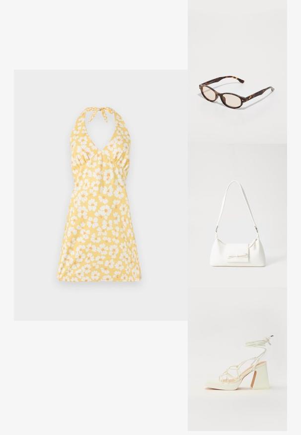 Rochie halter florală de culoare galbenă, cu flori albe și portocalii. Prezintă un decolteu în V, un corset ajustat și o fustă evazată. Textură netedă.; Sandale albe cu toc înalt și gros, cu un design cu curele și legătură la gleznă. Textură netedă, cu o platformă frontală pentru înălțime suplimentară.; Ochelari de soare bleoni cu un design rotund și lentile de nuanță deschisă. Au brațe rezistente cu mici accente de aur, fabricate din material plastic.; Geantă sintetică albă, cu formă triangulară, capac frontal plat și detaliu cu fundă, curea ajustabilă, textură netedă și design minimalist.