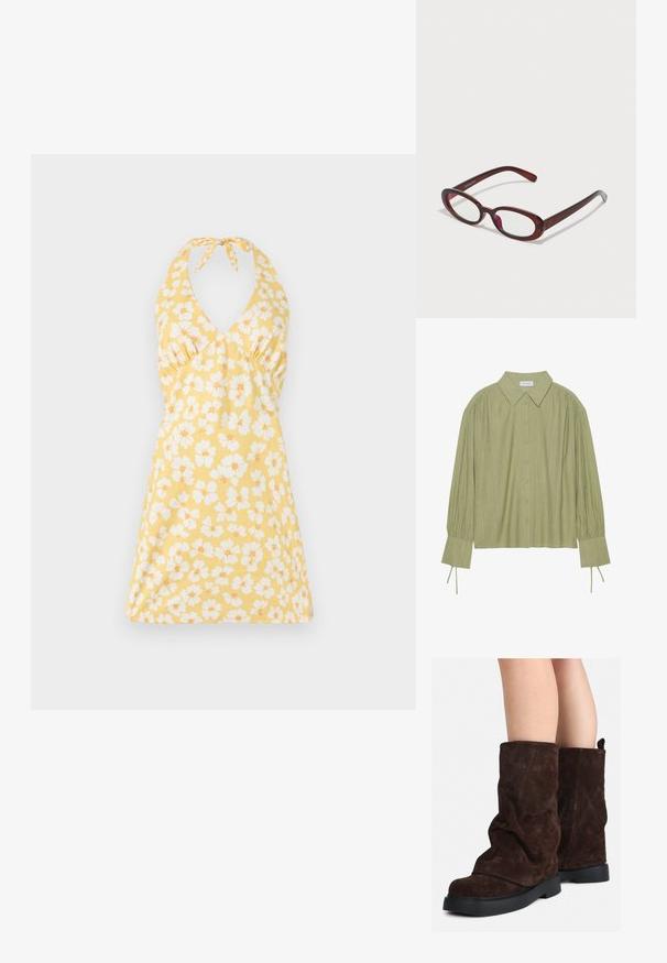 Floral halter dress in yellow with white and orange flowers. Features a v-neckline, fitted bodice, and flared skirt. Smooth texture.; Light green long-sleeve shirt with a button-up front, collar, textured fabric, and tie details at the cuffs. Straight hem design.; Brown suede mid-calf boots with black rubber soles worn on bare legs, showing slight wrinkling on the boot shafts.; Oval-shaped red sunglasses with clear lenses and sleek brown frames. The design features subtle curves and minimal hardware.