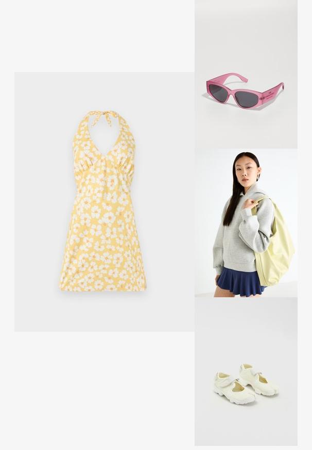 Ziedu halter stila kleita dzeltenā krāsā ar baltām un oranžām ziedlapiņām. Ar V veida kakla izgriezumu, pieguļošu augšu un kuplu svārku. Gluda tekstūra.; Baltas sieta tipa apavi ar strukturētu dizainu, kas aprīkoti ar Velcro jostu un izgriezumiem sānos, teksturēta auduma un masīvu zoli.; Rozā caurspīdīgas saulesbrilles ar stūrainu kaķa acs formu, tumši tonētiem objektīviem un iegravētu tekstu uz tempļa "SAULESBRILLES".; Pelēka lielizmēra kapučjakete ar kanguru kabatu, kombinēta ar tumši lazdu svārkiem. Aksesuārs: liela gaismas dzeltena mugursoma ar gludu tekstūru.