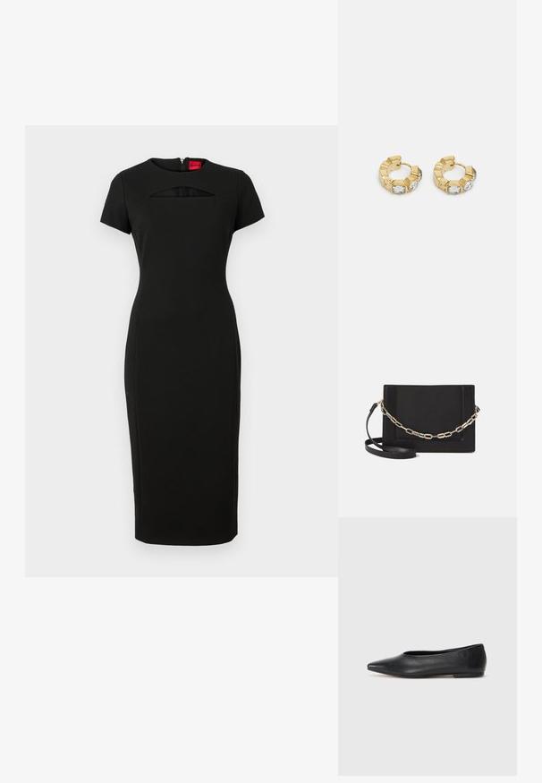 Zwart aansluitend jurkje met korte mouwen, voorzien van een uitsnede onder de halslijn en een verborgen ritssluiting aan de achterzijde. Gemaakt van rekbare stof.; Zwarte leren balletflat, puntige neus, minimalistisch design, gladde textuur, lage hak, geen zichtbaar beslag of versieringen.; Zwarte leren schoudertas met een gladde textuur, rechthoekige vorm en een metallic kettingdetail aan de voorkant. Verstelbare schouderband inbegrepen.; Gouden creolen met een getextureerd ontwerp en drie heldere kristalaccenten aan één zijde, wat een moderne geometrische esthetiek biedt.