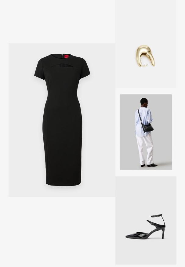 Svart, tettsittende kjole med korte ermer, har en utskjæring under utringningen og en skjult glidelås bak. Laget av elastisk stoff.; Sorte lakkede hæle med spids tå, justerbare ankelstropper og en slank hæl. Glat tekstur med en skinnende overflade.; Svart lær skulderveske med en myk tekstur, trekantet form og justerbar stropp, kombinert med en lyseblå stripete skjorte og hvite bukser.; Gullfarget metalløredobber med et elegant, buet design. Har en karakteristisk spiss form, polert overflate og hengsel-lukking.
