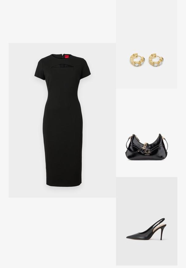 Zwart aansluitend jurkje met korte mouwen, voorzien van een uitsnede onder de halslijn en een verborgen ritssluiting aan de achterzijde. Gemaakt van rekbare stof.; Zwarte lederen slingback hakken met een puntige neus, een gladde textuur en een delicaat bandje met een metalen gesp.; Zwarte lakleren tas met een gebogen ontwerp, gouden hardware accenten en een prominent logo. Inclusief een afneembare schouderriem.; Gouden creolen met een getextureerd ontwerp en drie heldere kristalaccenten aan één zijde, wat een moderne geometrische esthetiek biedt.