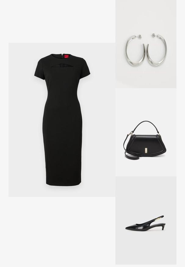 Black fitted dress with short sleeves, featuring a cutout detail below the neckline and a concealed zipper at the back. Made from stretchy fabric.; Black leather slingback heels with a pointed toe, featuring a slim heel and a gold-tone accent on the adjustable strap. Smooth texture.; Black leather handbag with a structured design, featuring a cropped shape, top handle, and gold hardware accent. Adjustable shoulder strap included.; Silver hoop earrings with a smooth, curved design. Features a shiny metallic finish and stud closure. No visible patterns or accents.