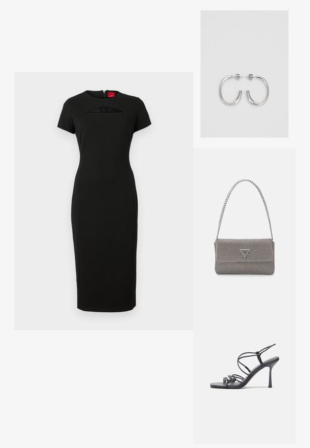 Czarna dopasowana sukienka z krótkimi rękawami, z wycięciem poniżej dekoltu i ukrytym zamkiem błyskawicznym z tyłu. Wykonana z elastycznego materiału.; Czarne sandały na wysokim obcasie mają cienkie paski z węzłowym wzorem, gładki, kwadratowy czubek i smukły obcas w stylu szpilki.; Jasnoszara metaliczna torebka na łańcuszku, ozdobiona małymi okrągłymi metalowymi ćwiekami oraz trójkątnym logo marki.; Srebrne kolczyki na biglu o gładkim, błyszczącym wykończeniu. O zaokrąglonym kształcie, lekkim designie, z zamknięciem na zatrzask.