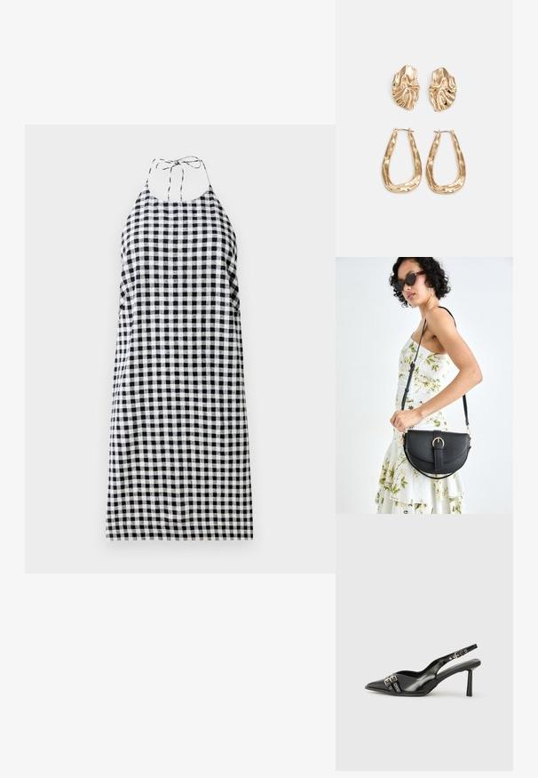 Rochie cu gât halter, cu un model în carouri alb-negru, având o croială lejeră și curele la spatele gâtului. Fabrică ușoară.; Pantofii slingback din piele lăcuită neagră, cu vârf ascuțit, bretele pentru gleznă cu catarame și accesorii din argint, și un toc subțire.; Geantă din piele neagră, cu o formă curbată, curea detașabilă și accesorii aurii. Geanta are un capac cu un detaliu tip cataramă.; Cercei aurii cu forme texturate și ondulate. Include studs sculpturale cu clip și un design de cerc deschis cu un finisaj cioplit.