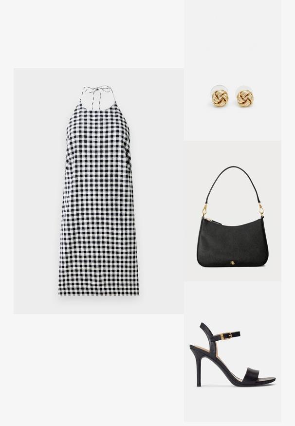 Halter neck dress in black and white gingham pattern, featuring a relaxed fit and ties at the back of the neck. Lightweight fabric.; Black high-heeled sandals featuring a smooth leather upper, open toe, and a single strap design with a gold buckle accent.; Black leather handbag with a structured design, featuring a zip closure, a detachable strap, and gold hardware accents.; Gold-tone knot stud earrings with a twisted design. Each earring features a circular clear backing for secure wear.