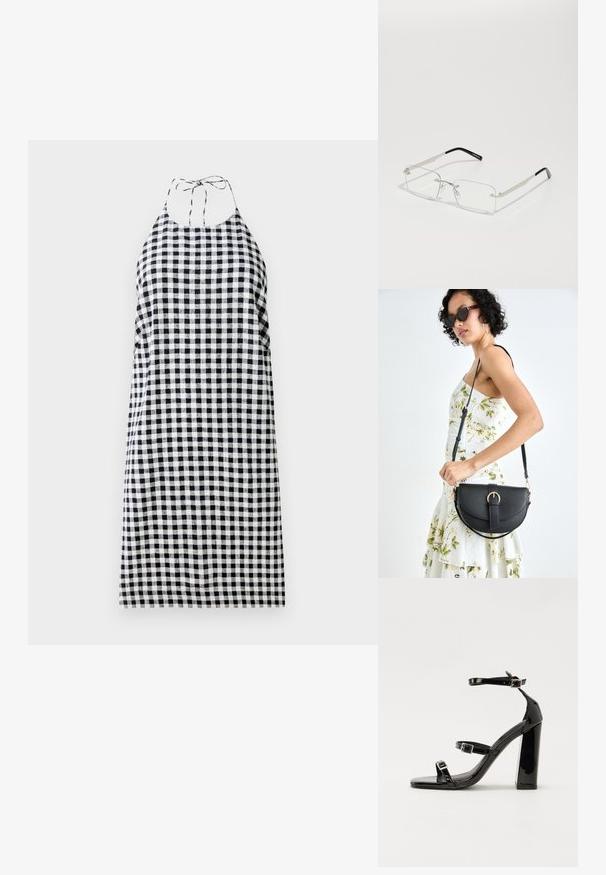Halter neck mekko mustavalkoisessa ruutukuosissa, jossa on rento istuvuus ja nauhat niskassa. Kevyt kangas.; Musta kiiltävä korkokenkä sandaalit neliönmuotoisella varpaalla, nilkkaremmillä ja hopeisilla soljilla. Varustettu tukevalla lohkokorkealla vakauden takaamiseksi.; Suorakulmaiset, kirkaslinssiset lasit, joissa on ohut hopeanvärinen metallikehys ja mustat asetaattisovitukset. Ominaisuuksina minimaaliset osat, jotka luovat sulavalinjaisen muotoilun.; Musta nahkainen käsilaukku, joka on kaareva muotoilultaan, irrotettavalla hihnalla ja kultaisilla yksityiskohdilla. Laukussa on läppä, jossa on solk yksityiskohta.