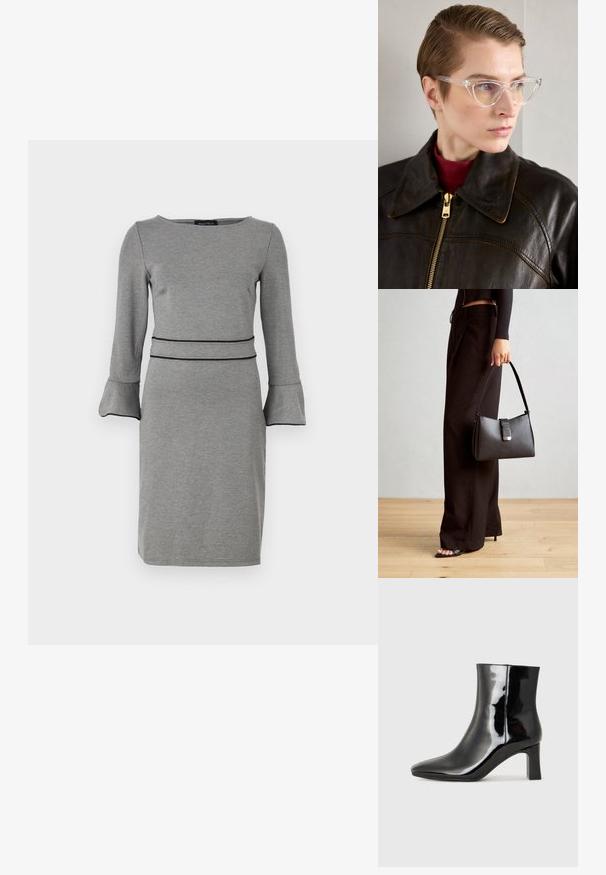 Vestido cinza feito de um tecido suave, com mangas longas, punhos abertos, um decote redondo e um detalhe de faixa preta que define a cintura.; Botim de tornozelo em pele sintética preta com bico apontado e salto bloco de altura média. Textura suave e design minimalista.; Óculos de gato em acetato transparente com lentes amarelas, usados por uma pessoa com uma jaqueta de couro escura e um suéter de gola alta vermelho. Textura suave.; Bolsa preta com forma estruturada, textura suave e um fecho metálico. Combinada com calças largas pretas e sandálias de salto aberto sobre um chão de madeira.