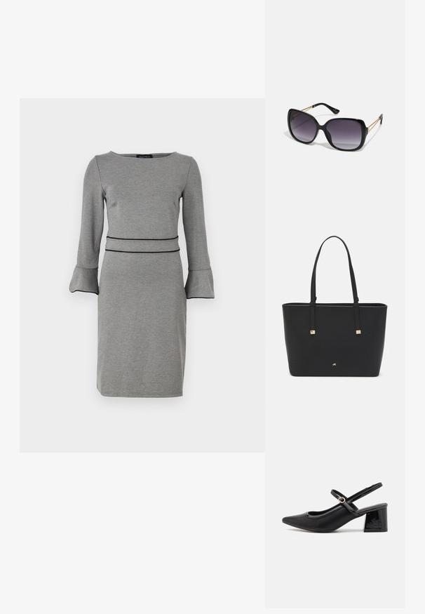 Szara sukienka uszyta z miękkiego materiału, z długimi rękawami, rozszerzającymi się mankietami, okrągłym dekoltem oraz wyraźnym detalem czarnej talii.; Czarne lakierowane czółenka na słupku ze spiczastym noskiem, lekko zaokrąglonym wycięciem i obcasem w kształcie bloku. Posiadają złotą klamrę jako akcent dekoracyjny.; Czarne oversize okulary przeciwsłoneczne z gradientowymi soczewkami, grubymi oprawkami i złotym łańcuszkiem na ramionach.; Czarna torba typu tote wykonana z materiału syntetycznego, z prostym prostokątnym wzorem, złotymi kwadratowymi akcentami i podwójnymi uchwytami.