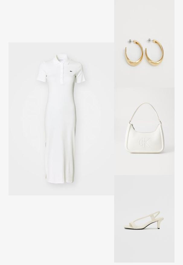 Valge ribaga maksikleidi lühikesed varrukad, kaelus, nööpidega rivi ning tagasihoidlikud külje lõhed. Rinnal on väike roheline logo.; Beez blok-kandadesed õhukeste rihmadega ja ruudukujulise varbaga. Sile materjal minimaalsete detailidega, kujundatud mugavaks kandmiseks.; Valge nahast käekott, millel on kumer kuju, esiküljel on reljeefne "CK" logo ja üks õlavarre rihm. Ülemine tõmblukkuu.; Kuldse tooniga kõrvarõngad, millel on sile ja kaarjas disain. Valmistatud metallist, omavad nad stiilset viimistlust ja kinnitust tagaküljelt.