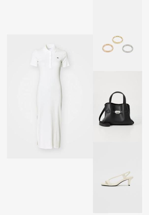 Vit ribbad maxiklänning med korta ärmar, krage, knapplist och subtila sidofickor. Har en liten grön logotyp på bröstet.; Beige blockklackade sandaler med tunna remmar och fyrkantig tå. Slätt material med minimal detaljering, utformade för enkel användning.; Svart läderhandväska med en texturerad yta, utrustad med två ovandelar, en avtagbar axelrem och en detalj med silverlås.; Tre metallringar: en roséguld, en guld med texturerade detaljer och en silver, alla med ingraverad märkning på den inre ringen.