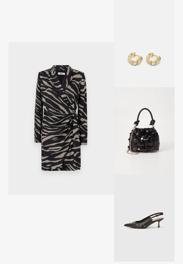 Vestido preto em envelopamento com padrão de zebra em bege. As mangas longas e o detalhe da cintura franzida realçam o design.; Sapato de salto tipo slingback em couro preto com bico pontiagudo, salto pequeno e detalhes metálicos decorativos ao longo da abertura frontal. Textura suave.; Mala mini preta de lantejoulas com uma alça texturizada em nó e corrente prateada. Forma arredondada com parte superior pregueada e detalhes reflexivos.; Brincos de argola dourados com um design texturizado e três cristais transparentes em um lado, oferecendo uma estética geométrica moderna.