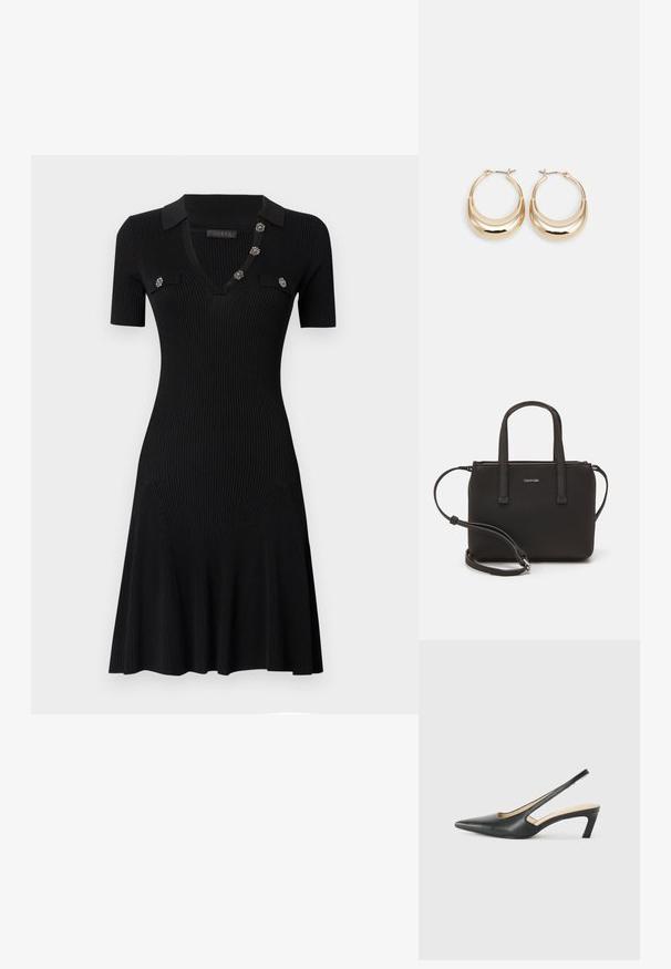 Černé žebrované šaty s krátkými rukávy, výstřihem do V a malým límečkem. V přední části mají dekorativní knoflíky a rozšířenou sukni.; Černý špičatý slingback s nízkým podpatkem, vyrobený z hladké kůže, s výřezem na boku pro lepší prodyšnost.; Černá kabelka s dvojitými krátkými uchy a odnímatelným ramenním popruhem. Hladký koženkový materiál s uzávěrem na zip a detailem loga.; Náušnice ve tvaru kroužku zlaté barvy s půlměsícovým tvarem, lesklým povrchem a závěrečným uzávěrem. Hladká textura a reflexní povrch zvyšují viditelnost.