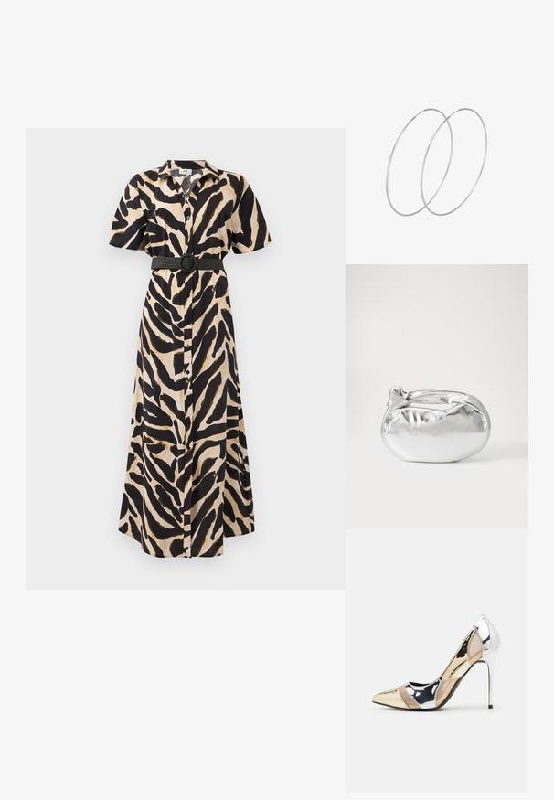 Pikk, nööbidest kleit, millel on must ja beež loomade print, lühikesed varrukad ja must vöö, millel on ringikujuline pandlaosa, talje kohal.; Kitsas toe kõrge kontsaga kingad, millel on hõbedane, kuldne ja nude värvilahendus. Läikiv viimistlus lõikekujundusega, stiletto konts.; Hõbedane metallikoti kott pehme, ümar kuju ja sõlme ülemise sulgemisega. Valmistatud siledast kunstnahast materjalist.; Hõbedased rõngastikkaehingad minimalistlikus disainis. Ümar kuju, sile tekstuur ja õhuke profiil. Kerged ning poleeritud viimistlusega.